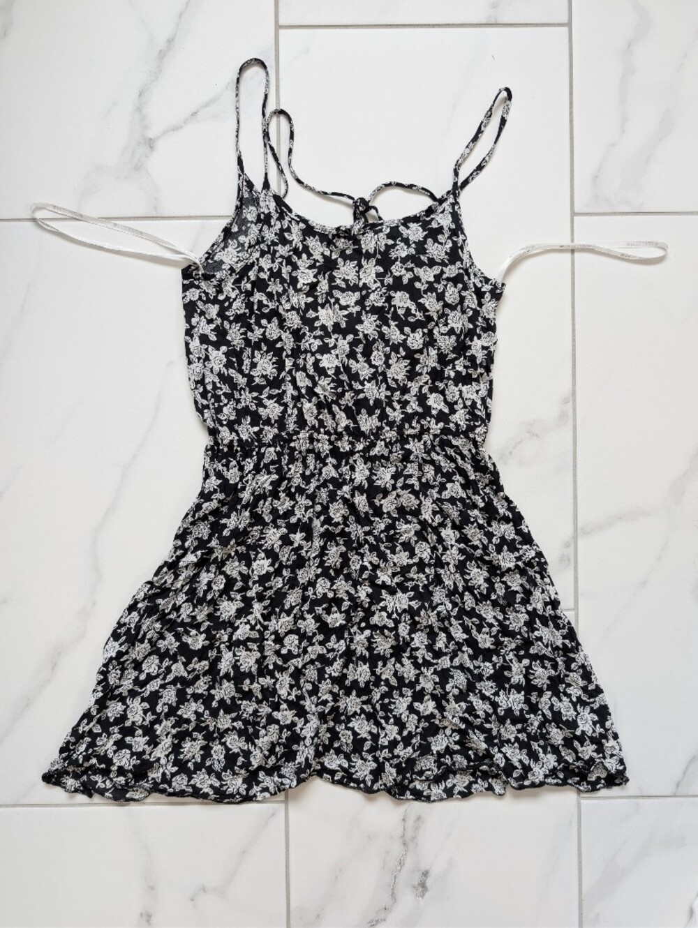 Black Floral Mini Dress with White Print